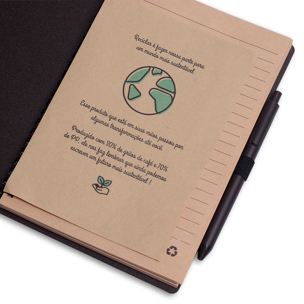 Caderno personalizado com capa produzida com grãos de café