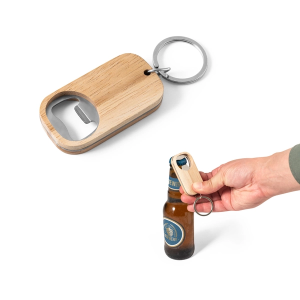 Chaveiro abridor de garrafas em aço inox e bambu