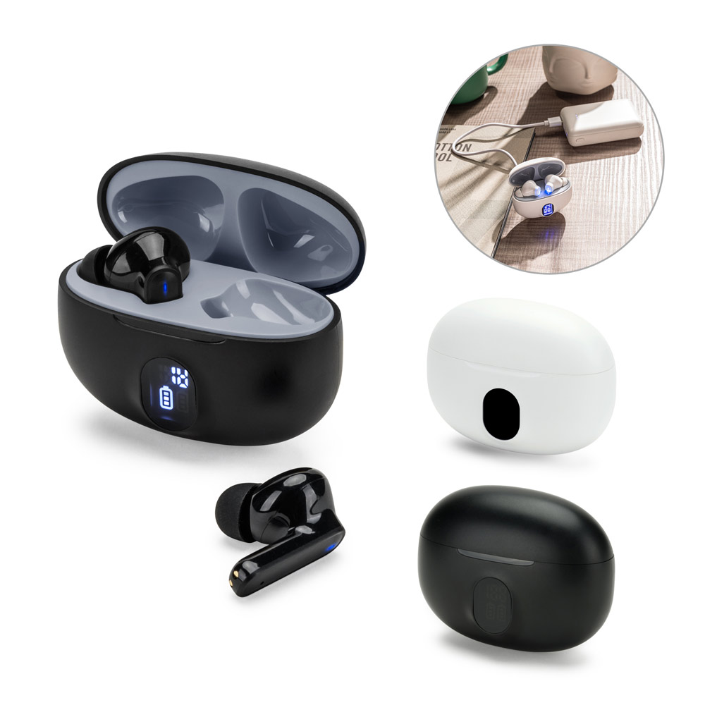 Fones de ouvido wireless personalizado produzido em ABS reciclado e autonomia de 4 horas