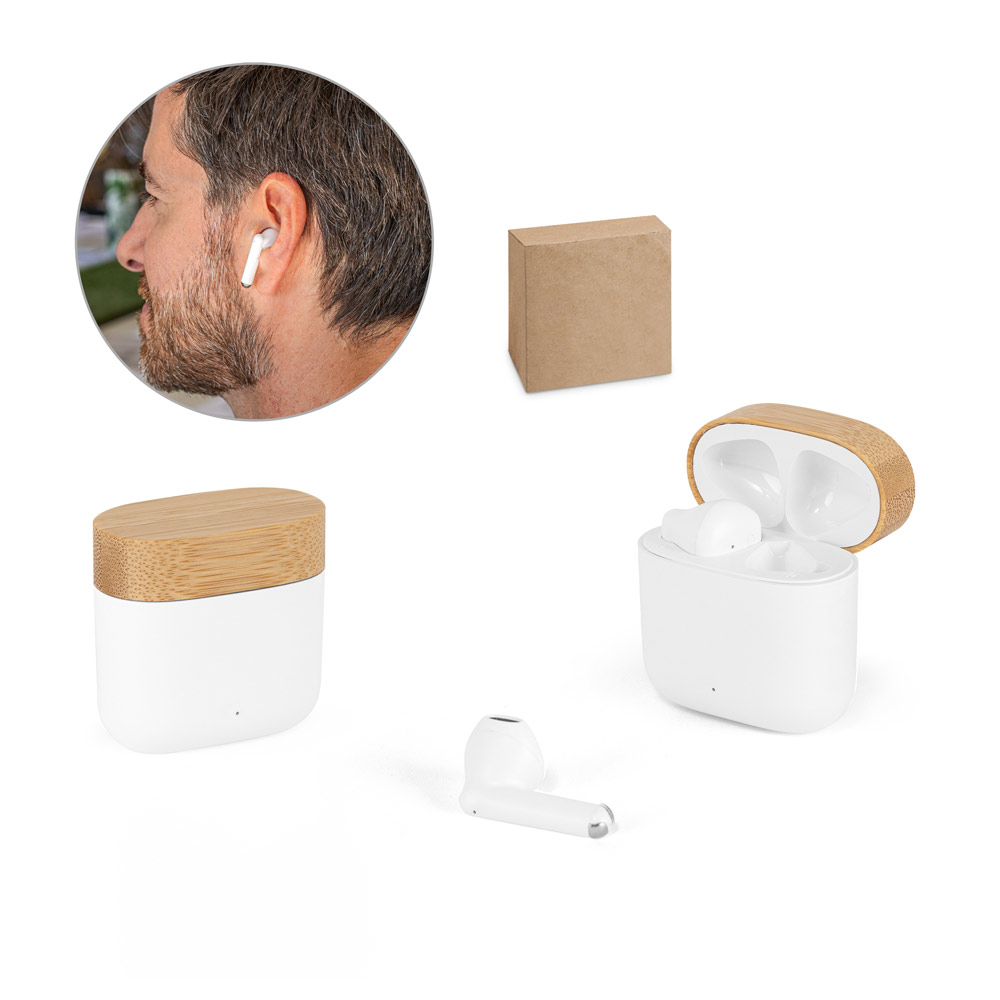 Fones de ouvido personalizado wireless em ABS reciclado e bambu autonomia de 5 h
